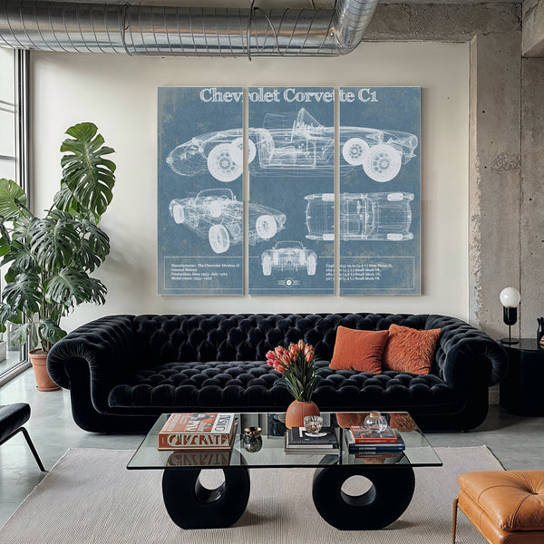 Chevrolet Corvette C1 Blueprint Art Print as a 3 panel canvas wrap in a modern living room