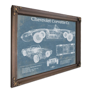 Chevrolet Corvette C1 Blueprint Art Print in a Bourbon stained wood frame with antique gold corners