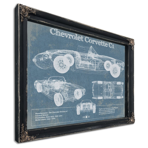 Chevrolet Corvette C1 Blueprint Art Print in a distressed Vintage Black wood frame with ornate corners