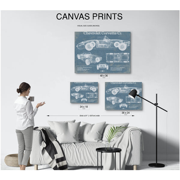 Chevrolet Corvette C1 Blueprint Art Print displayed on a wall