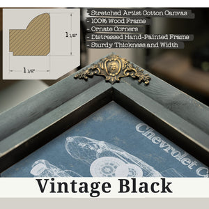 Vintage Black frame corner detail, 1.5 inch ornate wood moulding, Chevrolet Corvette C1 Blueprint Art Print