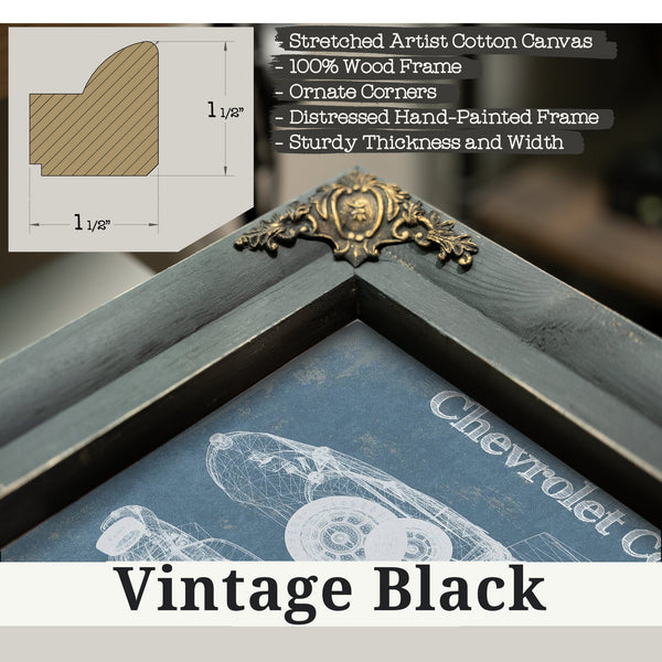 Vintage Black frame corner detail, 1.5 inch ornate wood moulding, Chevrolet Corvette C1 Blueprint Art Print