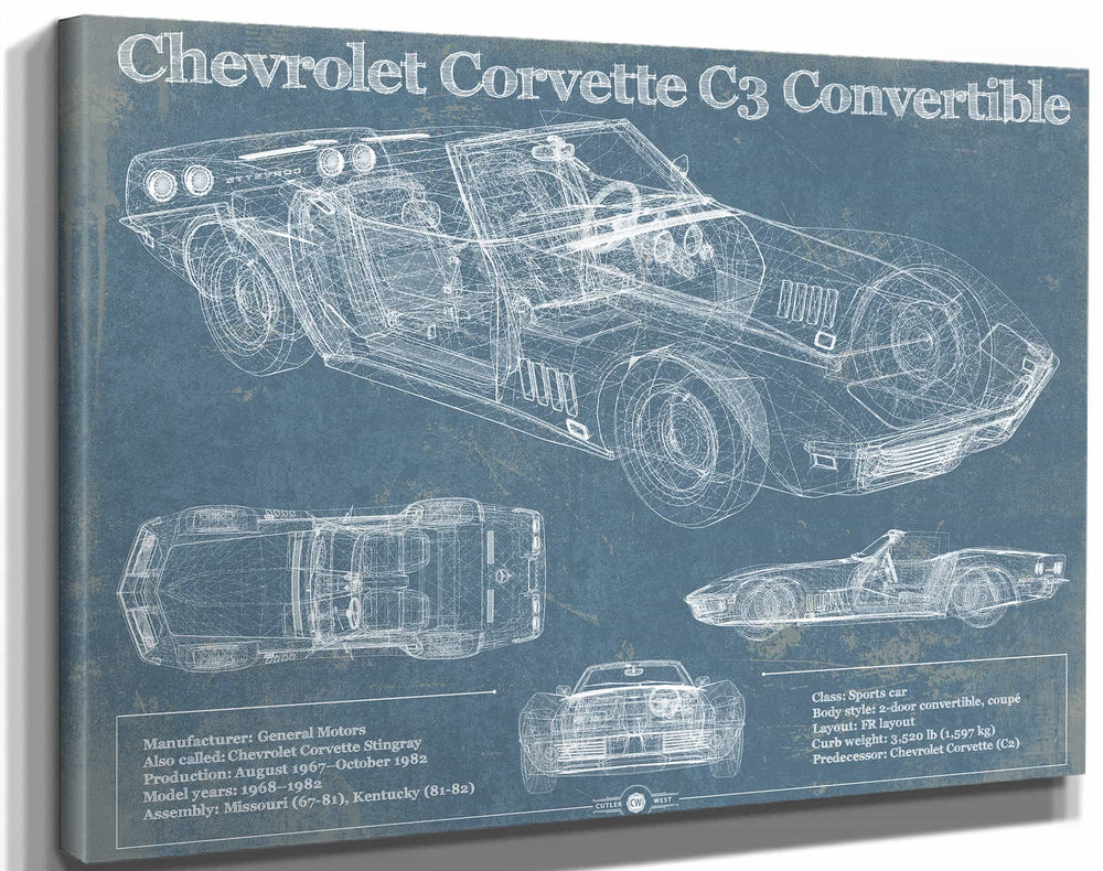 14" x 11" / Stretched Canvas Wrap Cutler West Chevrolet Corvette C3 Convertible Vintage Auto Print