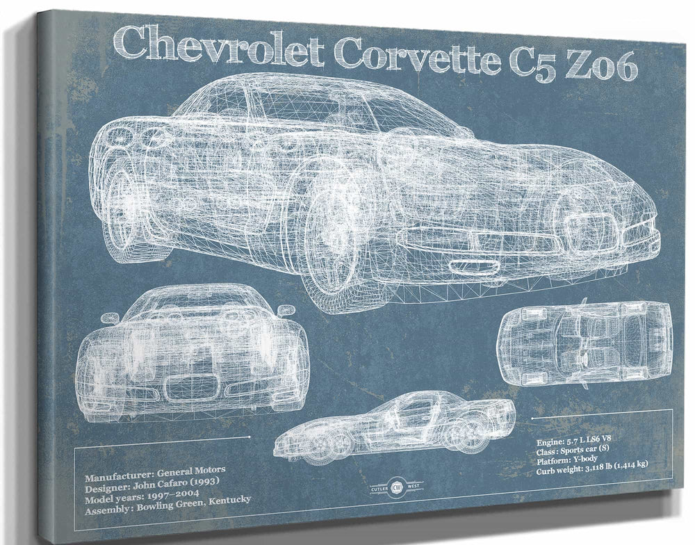 14" x 11" / Stretched Canvas Wrap Cutler West Chevrolet Corvette C5 Z06 Convertible Blueprint Vintage Auto Patent Print