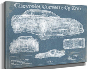 14" x 11" / Stretched Canvas Wrap Cutler West Chevrolet Corvette C5 Z06 Convertible Blueprint Vintage Auto Patent Print