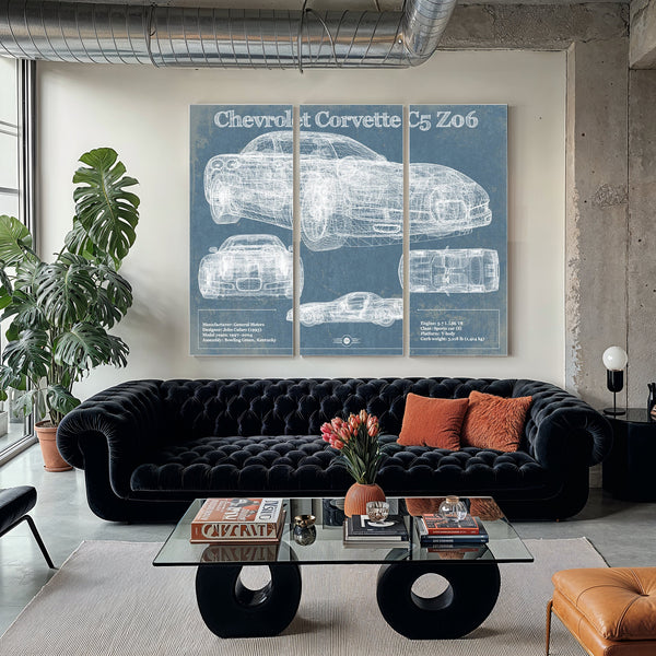 Chevrolet Corvette C5 Z06 Convertible Art Print as a 3 panel canvas wrap in a modern living room