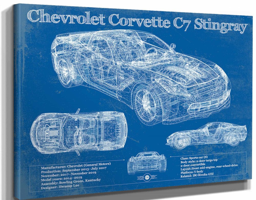 14" x 11" / Stretched Canvas Wrap Cutler West Chevrolet Corvette C7 Stingray Blueprint Vintage Auto Patent Print