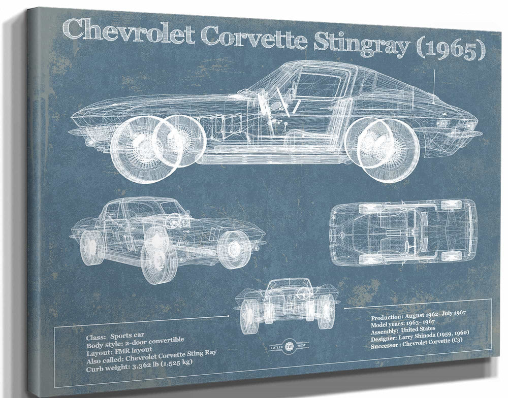 14" x 11" / Stretched Canvas Wrap Cutler West Chevrolet Corvette Stingray 1965 Blueprint Vintage Auto Print