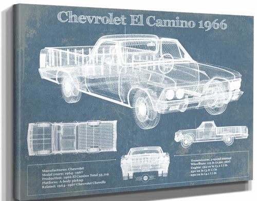 14" x 11" / Stretched Canvas Wrap Cutler West Chevrolet El Camino 1966 Vintage Blueprint Auto Print