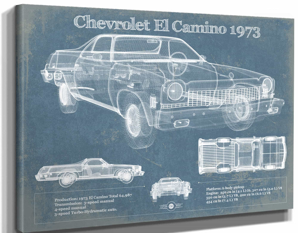 14" x 11" / Stretched Canvas Wrap Cutler West Chevrolet El Camino 1973 Vintage Blueprint Auto Print