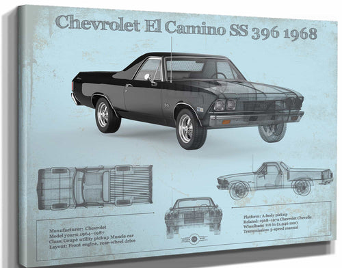 14" x 11" / Stretched Canvas Wrap Cutler West Chevrolet El Camino SS 396 1968 Vintage Blueprint Auto Print