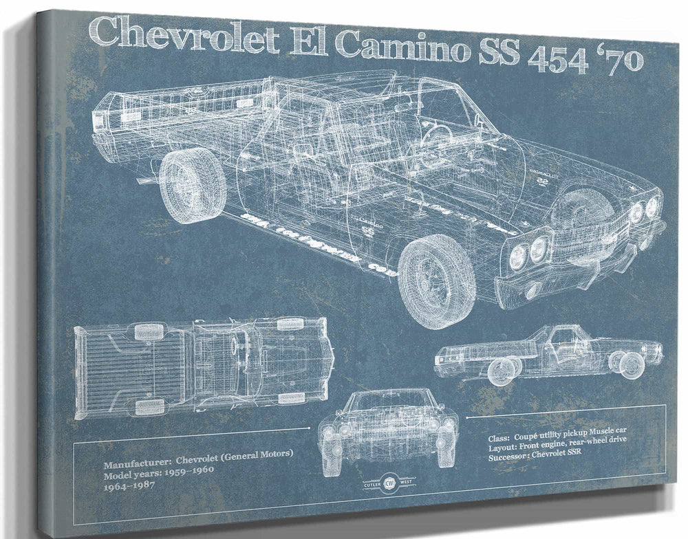 14" x 11" / Stretched Canvas Wrap Cutler West Chevrolet El Camino SS 454 1970 Vintage Blueprint Auto Print