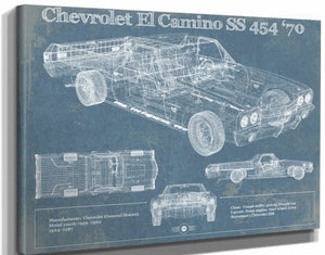 14" x 11" / Stretched Canvas Wrap Cutler West Chevrolet El Camino SS 454 1970 Vintage Blueprint Auto Print