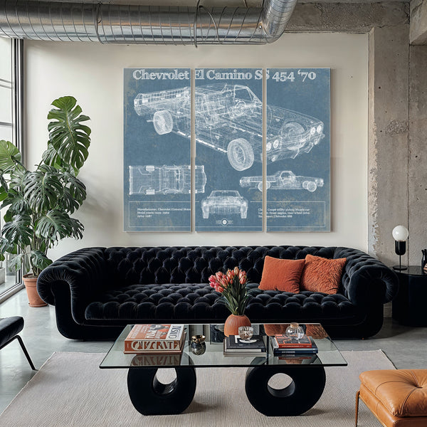 1970 Chevrolet El Camino SS 454 Print as a 3 panel canvas wrap in a modern living room