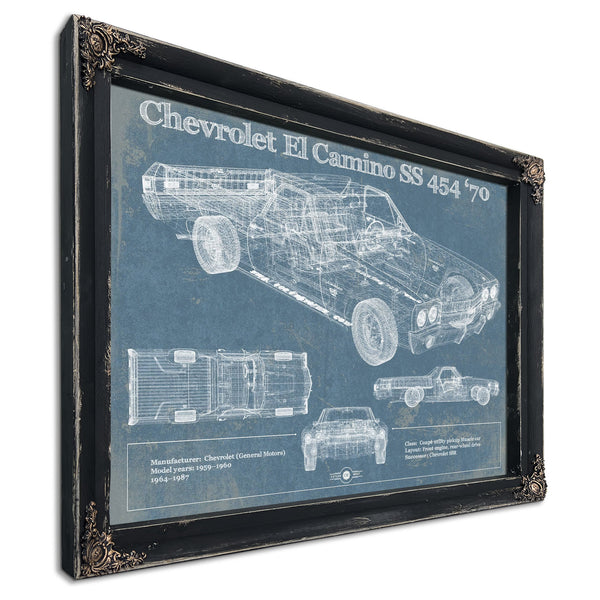 1970 Chevrolet El Camino SS 454 Print in a distressed Vintage Black wood frame with ornate corners