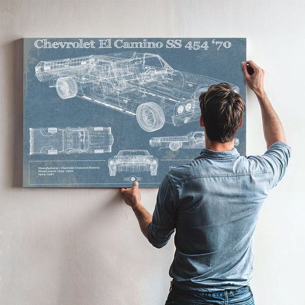 1970 Chevrolet El Camino SS 454 Print framed in Vintage Black above a mid-century record console
