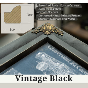 Vintage Black frame corner detail, 1.5 inch ornate wood moulding, 1970 Chevrolet El Camino SS 454 Print