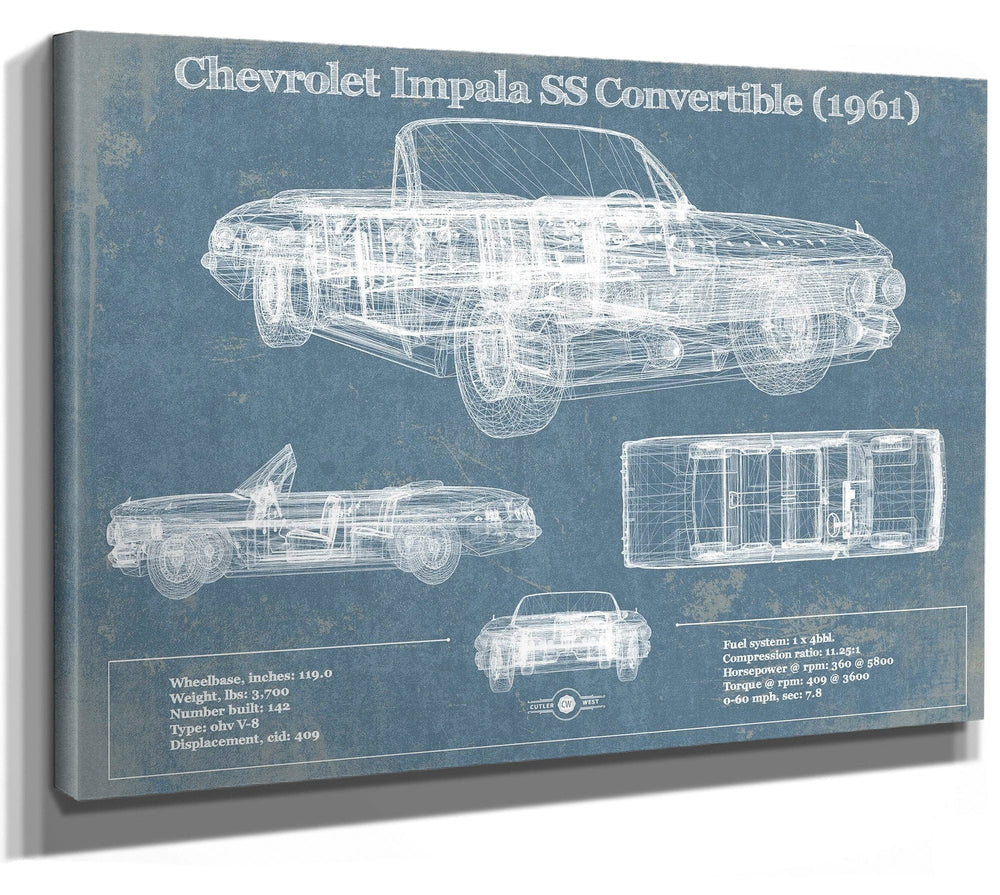 14" x 11" / Stretched Canvas Wrap Cutler West Chevrolet Impala SS Convertible (1961) Blueprint Vintage Auto Print