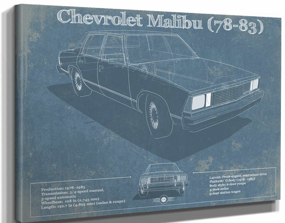 14" x 11" / Stretched Canvas Wrap Cutler West Chevrolet Malibu 78-83 Blueprint Vintage Auto Patent Print