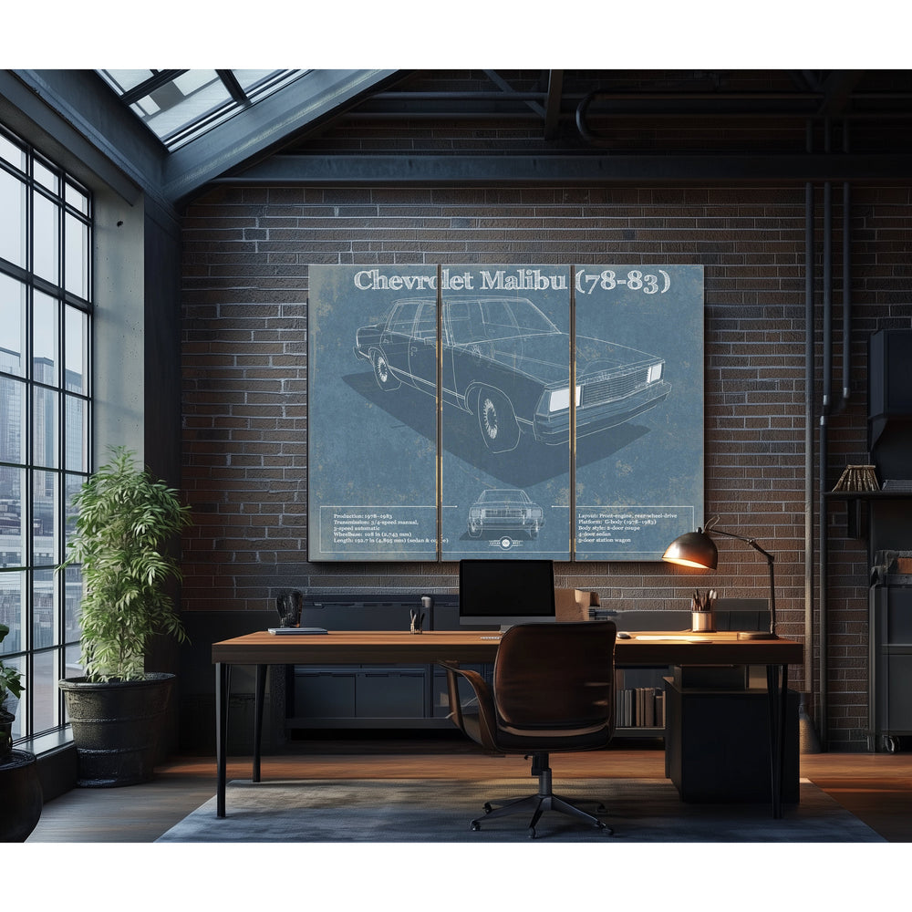 Chevrolet Malibu 78-83 Blueprint Art Print in a distressed Vintage Black wood frame with ornate corners