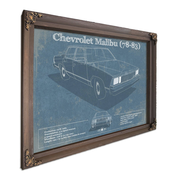 Chevrolet Malibu 78-83 Blueprint Art Print in a Bourbon stained wood frame with antique gold corners