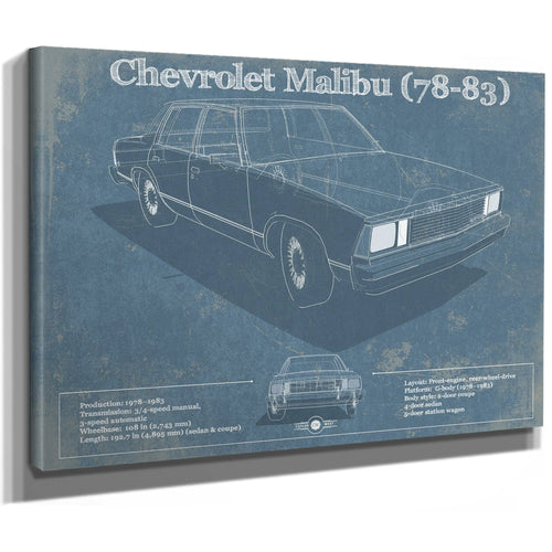 Chevrolet Malibu 78-83 Blueprint Art Print as a stretched canvas wrap with gallery wrapped edges