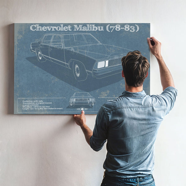 Chevrolet Malibu 78-83 Blueprint Art Print framed in Vintage Black above a mid-century record console