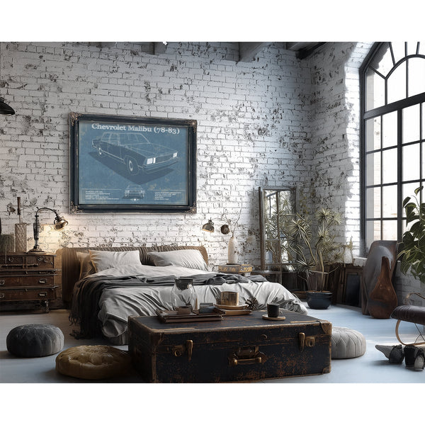 Chevrolet Malibu 78-83 Blueprint Art Print framed in Vintage Black in a farmhouse entryway