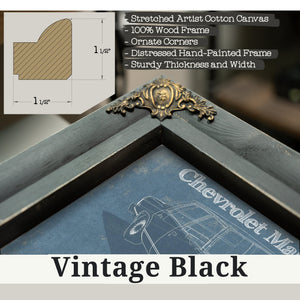 Vintage Black frame corner detail, 1.5 inch ornate wood moulding, Chevrolet Malibu 78-83 Blueprint Art Print