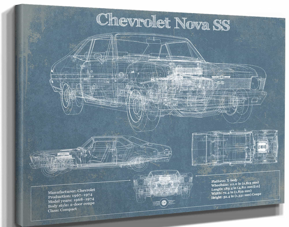 14" x 11" / Stretched Canvas Wrap Cutler West Chevrolet Nova SS Blueprint Vintage Auto Patent Print