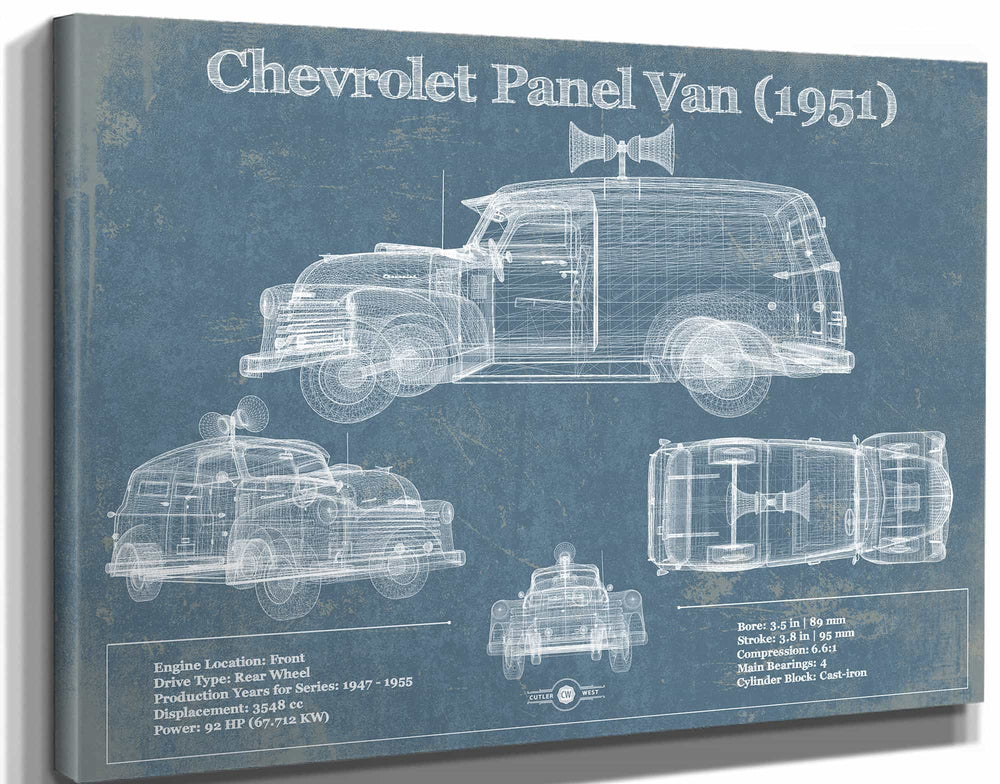 14" x 11" / Stretched Canvas Wrap Cutler West Chevrolet Panel Van 1951 Car Blueprint Vintage Auto Print