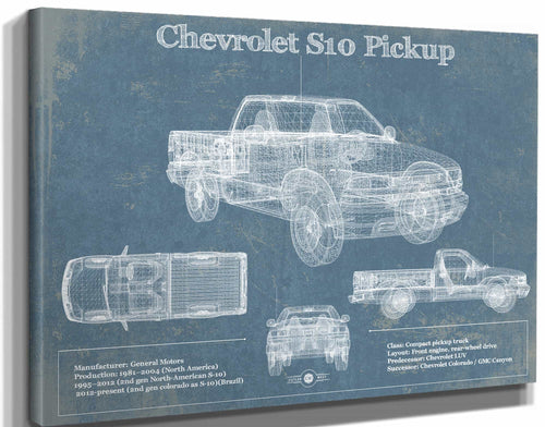 14" x 11" / Stretched Canvas Wrap Cutler West Chevrolet S10 Pickup Vintage Blueprint Auto Print