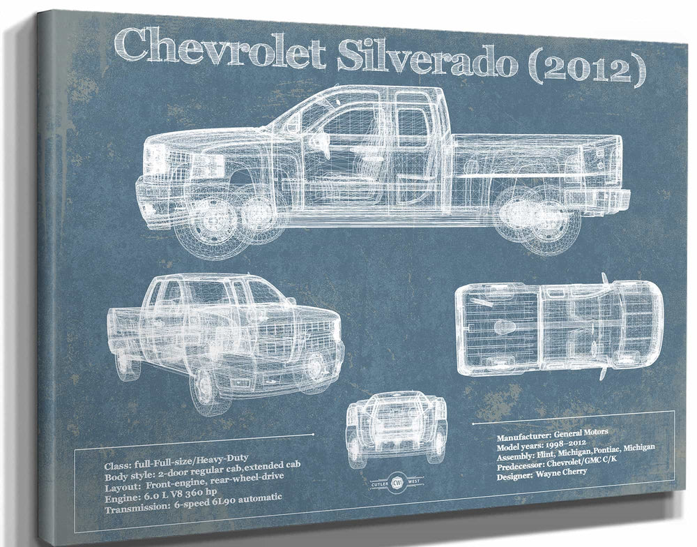 14" x 11" / Stretched Canvas Wrap Cutler West Chevrolet Silverado 2012 Vintage Blueprint Auto Print