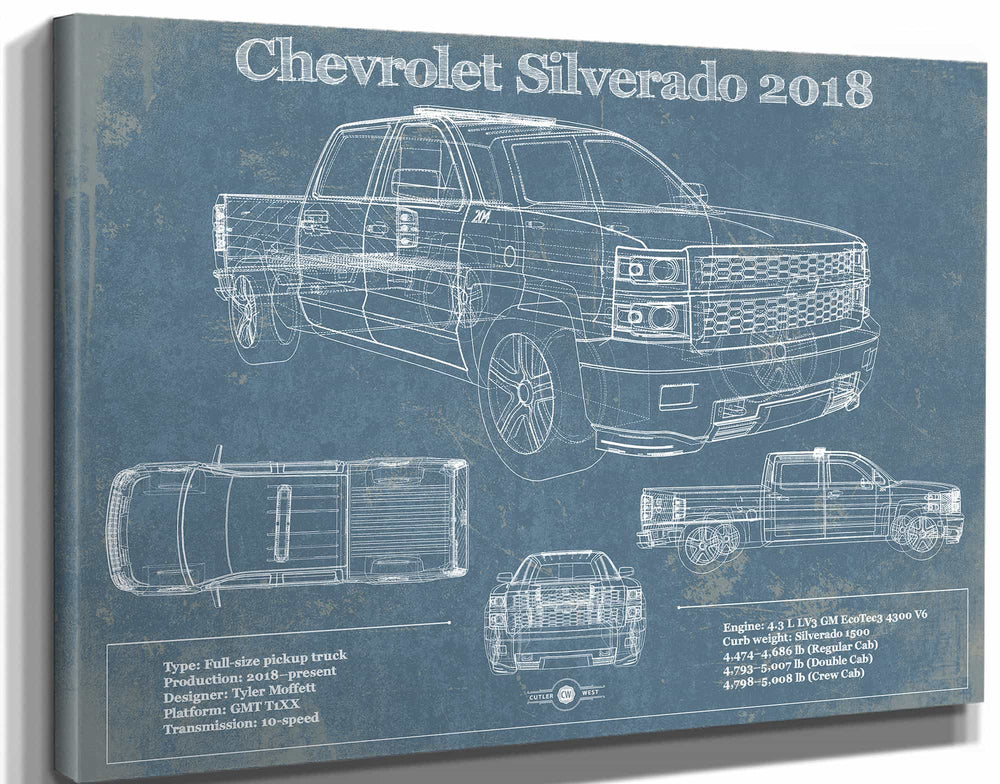 14" x 11" / Stretched Canvas Wrap Cutler West Chevrolet Silverado 2018 Blueprint Vintage Truck Patent Print