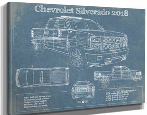 14" x 11" / Stretched Canvas Wrap Cutler West Chevrolet Silverado 2018 Blueprint Vintage Truck Patent Print