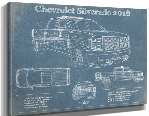 14" x 11" / Stretched Canvas Wrap Cutler West Chevrolet Silverado 2018 Blueprint Vintage Truck Patent Print