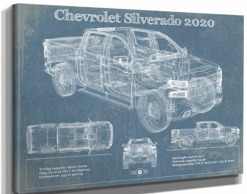 14" x 11" / Stretched Canvas Wrap Cutler West Chevrolet Silverado 2020 Blueprint Vintage Auto Patent Print