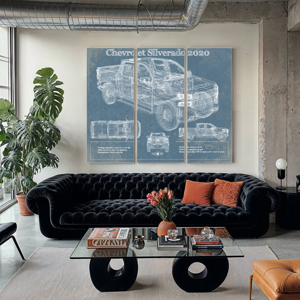 2020 Chevrolet Silverado Blueprint Truck Print as a 3 panel canvas wrap in a modern living room