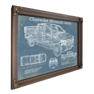 2020 Chevrolet Silverado Blueprint Truck Print in a Bourbon stained wood frame with antique gold corners