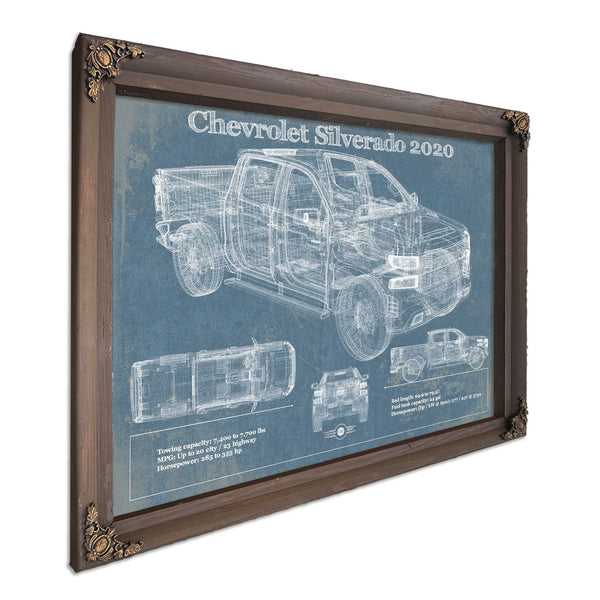2020 Chevrolet Silverado Blueprint Truck Print in a Bourbon stained wood frame with antique gold corners