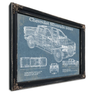 2020 Chevrolet Silverado Blueprint Truck Print in a distressed Vintage Black wood frame with ornate corners