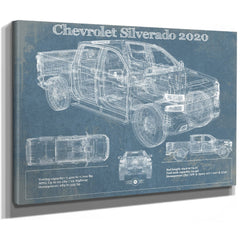 2020 Chevrolet Silverado Blueprint Truck Print as a stretched canvas wrap with gallery wrapped edges