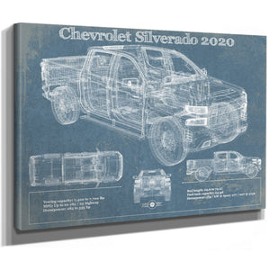 2020 Chevrolet Silverado Blueprint Truck Print as a stretched canvas wrap with gallery wrapped edges