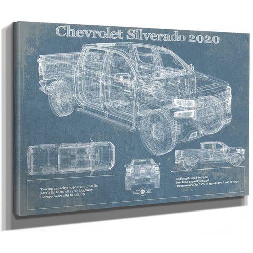 2020 Chevrolet Silverado Blueprint Truck Print as a stretched canvas wrap with gallery wrapped edges