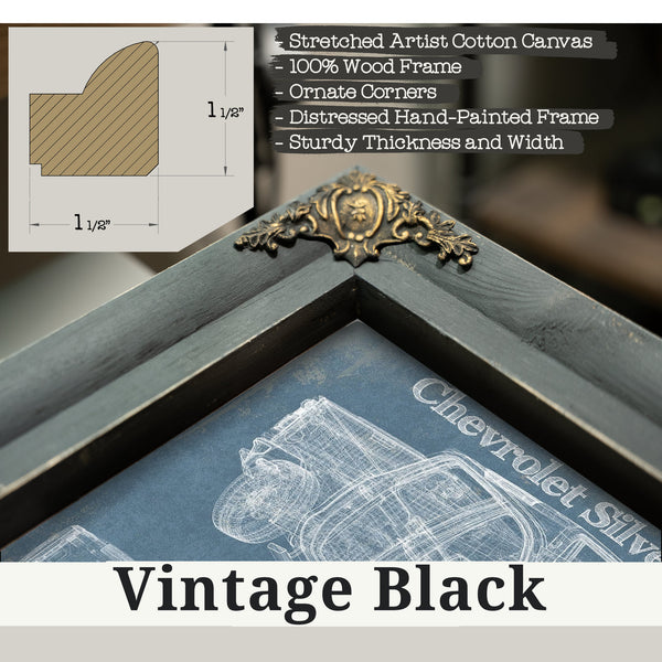Vintage Black frame corner detail, 1.5 inch ornate wood moulding, 2020 Chevrolet Silverado Blueprint Truck Print