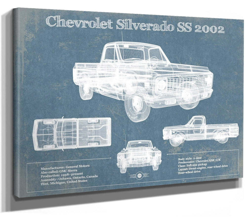 14" x 11" / Stretched Canvas Wrap Cutler West Chevrolet Silverado SS 2002 Blueprint Vintage Auto Patent Print
