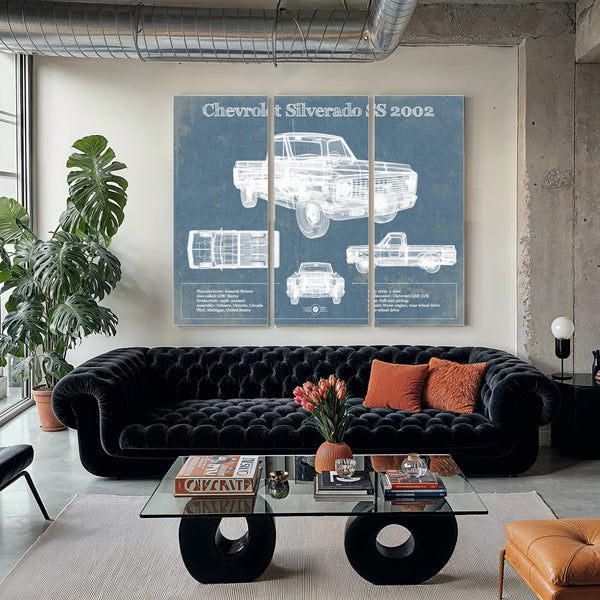 2002 Chevrolet Silverado SS Blueprint Truck Print as a 3 panel canvas wrap in a modern living room
