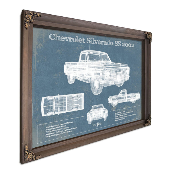 2002 Chevrolet Silverado SS Blueprint Truck Print in a Bourbon stained wood frame with antique gold corners