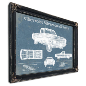 2002 Chevrolet Silverado SS Blueprint Truck Print in a distressed Vintage Black wood frame with ornate corners