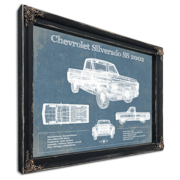 2002 Chevrolet Silverado SS Blueprint Truck Print in a distressed Vintage Black wood frame with ornate corners